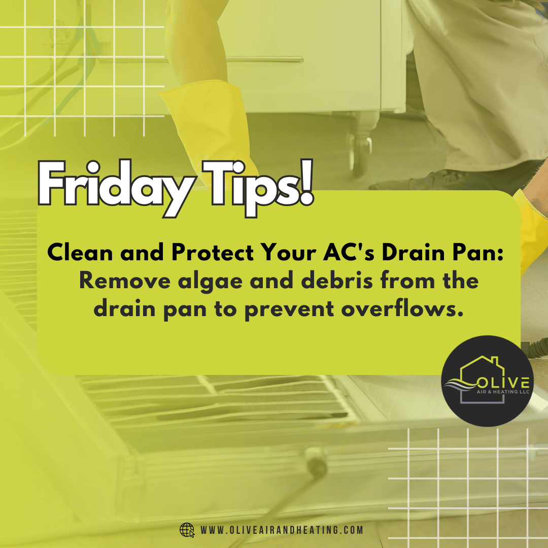 Poster showing AC repair services with emphasis on cleaning and protecting the drain pan. It details the importance of removing algae, dirt, and debris to prevent water damage and system malfunctions.