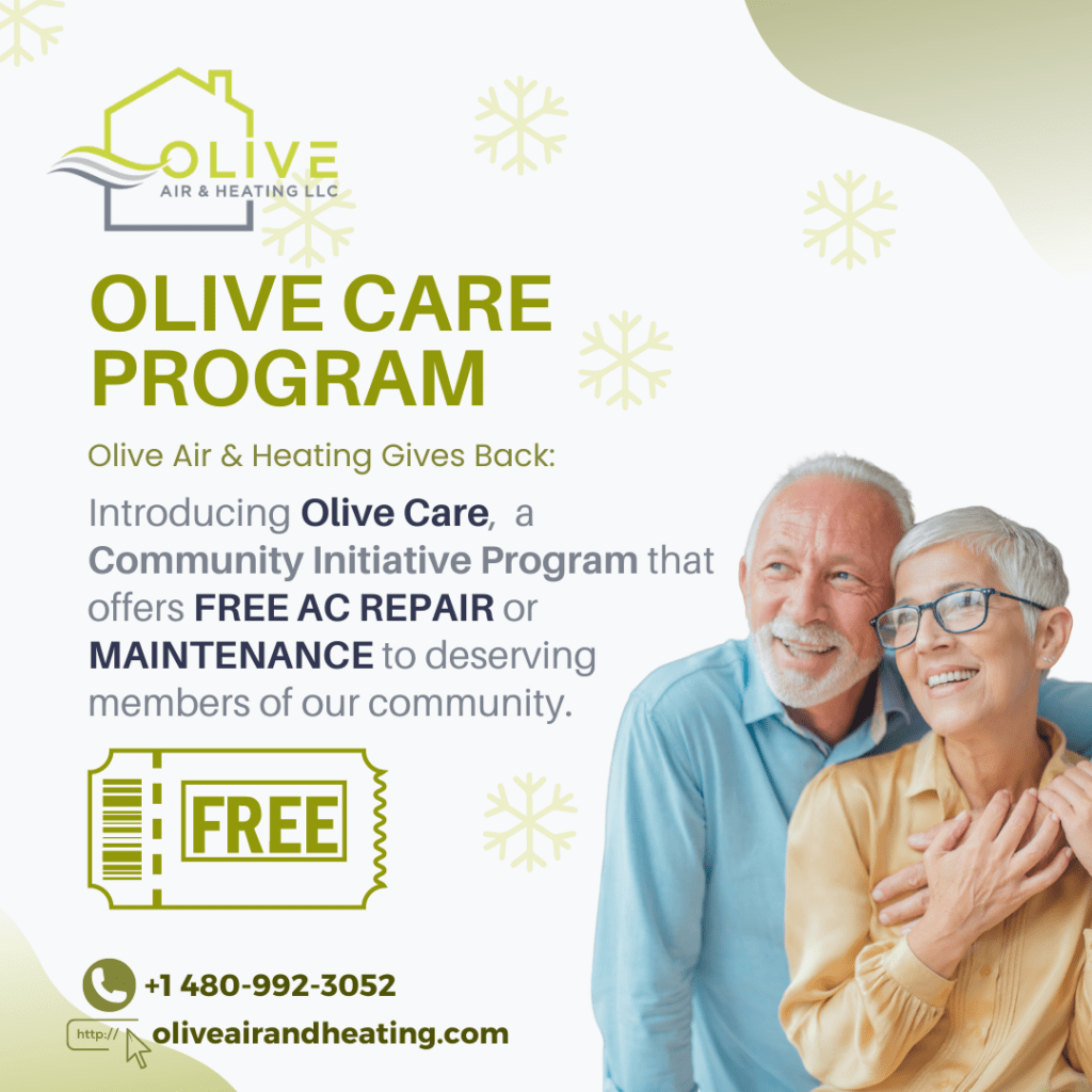 Olive Air and Heating poster detailing the Olive Care program offering free AC repair to deserving Phoenix residents.