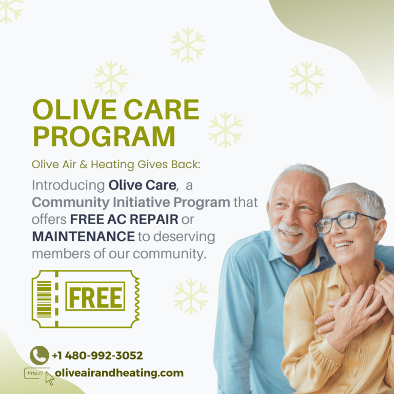 Olive Air and Heating poster detailing the Olive Care program offering free AC repair to deserving Phoenix residents.