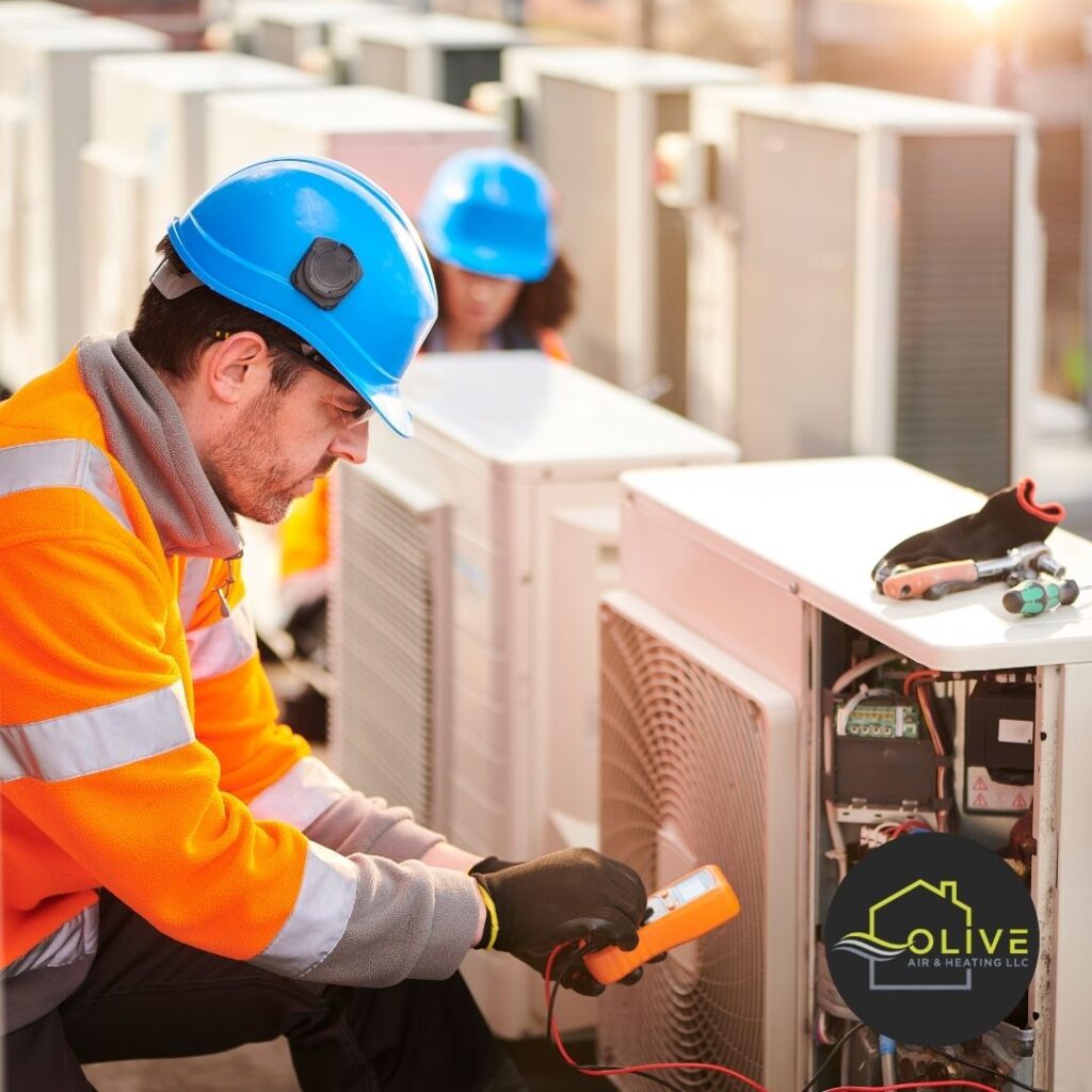 Technician replacing refrigerant in an air conditioning unit