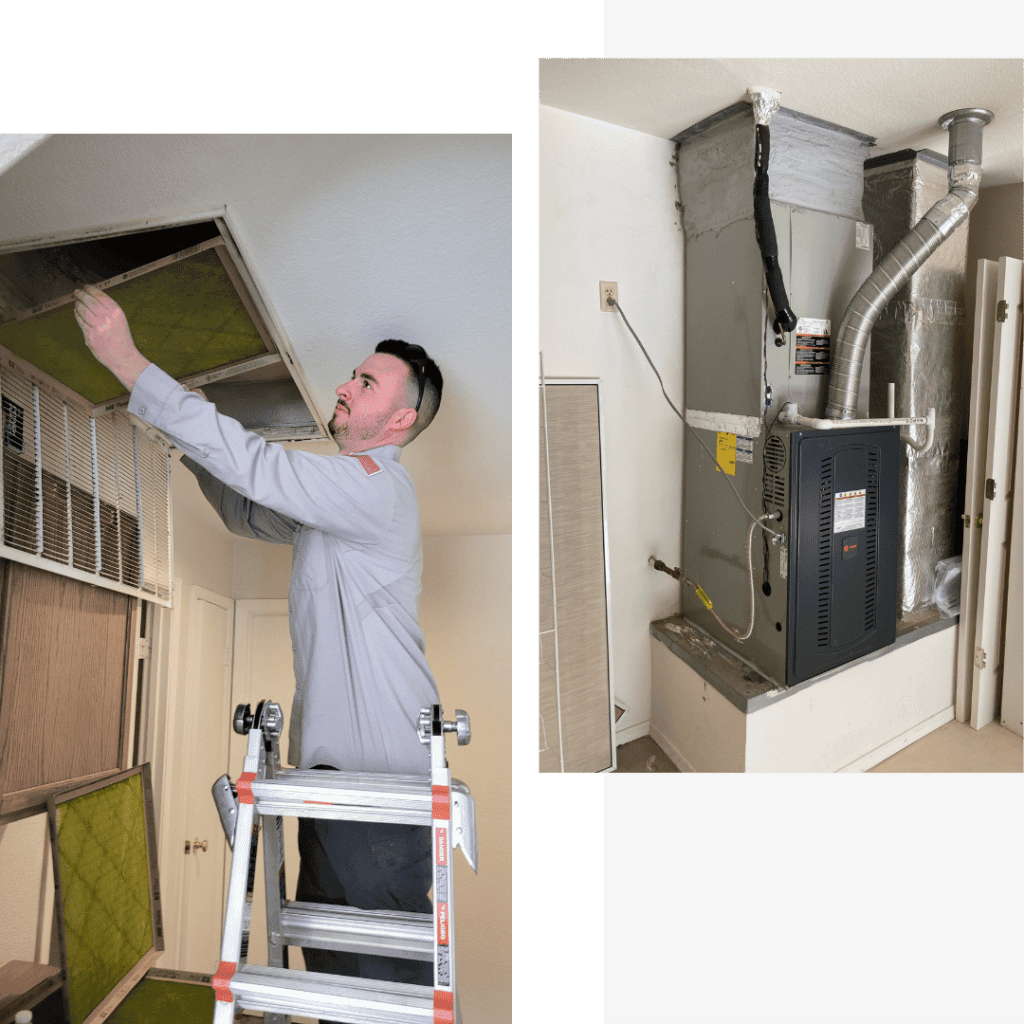 Expert HVAC technician performing a detailed inspection of a heating and cooling system