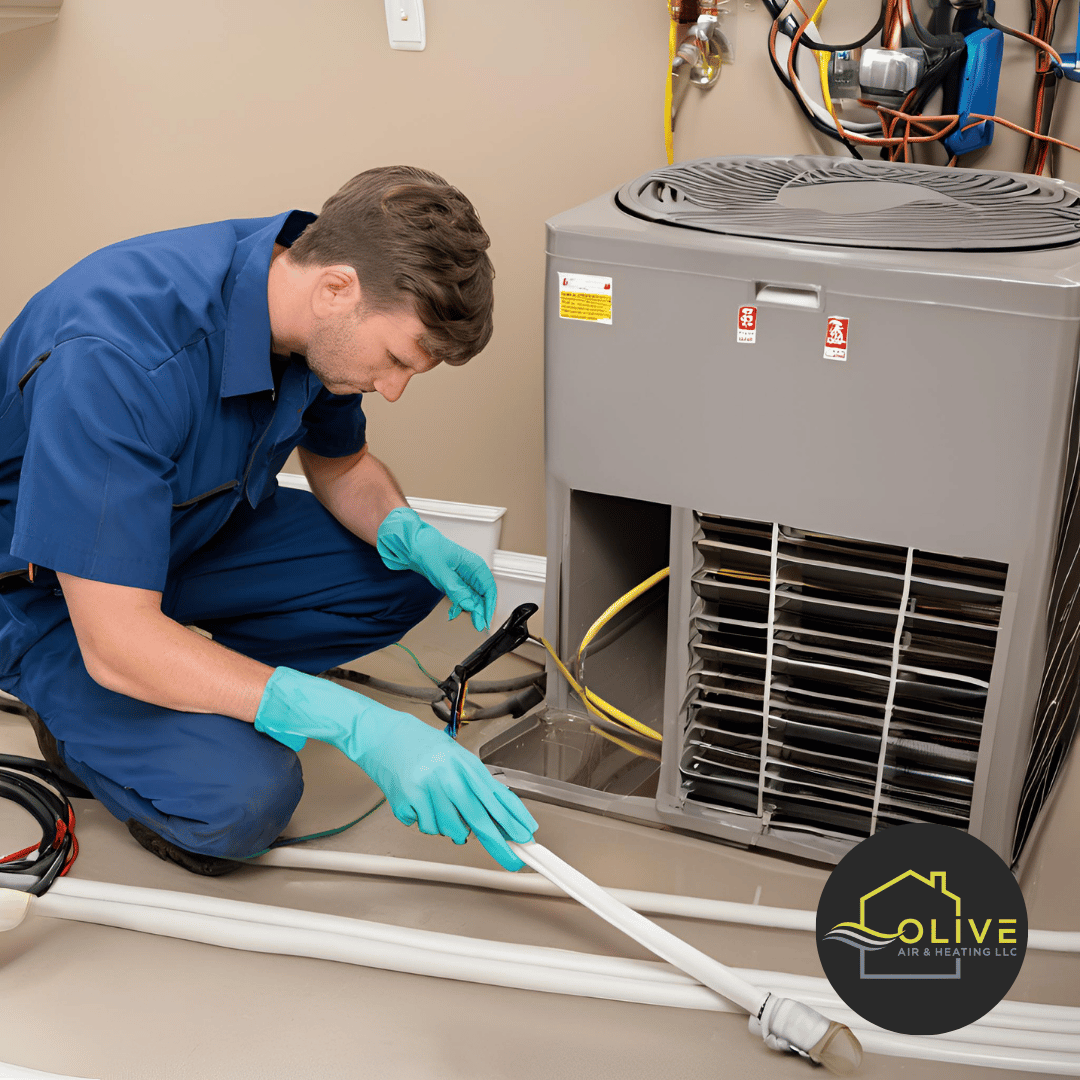 Technician conducting a final check on an AC unit after cleaning the drain pan to ensure proper function and prevent future clogs.