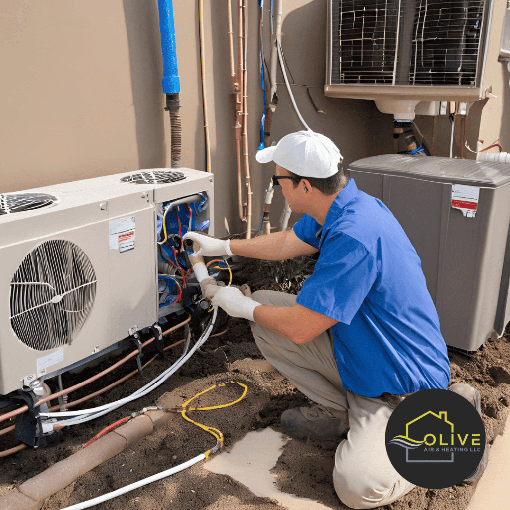 Technician inspecting the AC drainage system, including the drain pan, to ensure proper water flow and prevent system malfunctions.