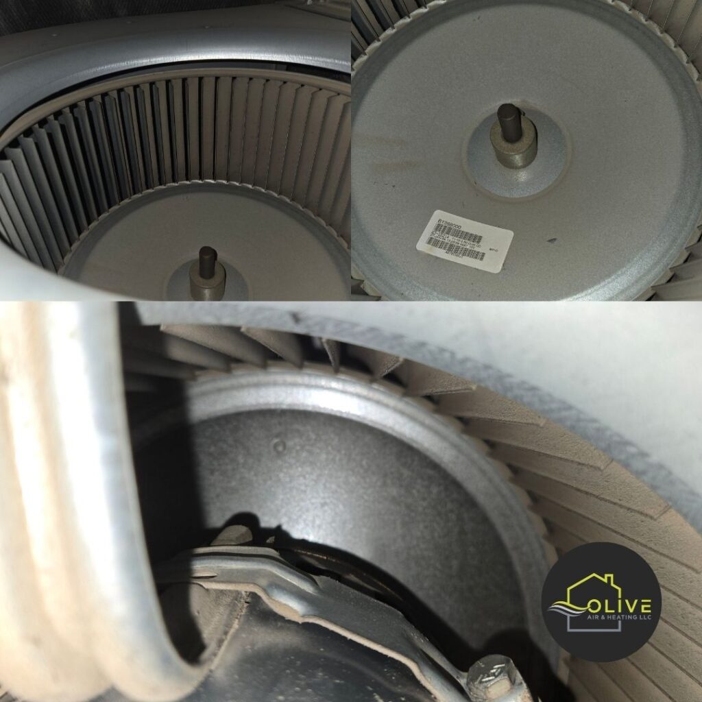 A close-up of a dirty and dusty HVAC blower wheel, highlighting the importance of regular heating and cooling system maintenance to ensure optimal performance and efficiency. Heating Services