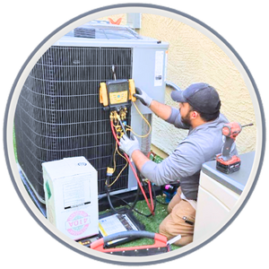 This image shows an Olive Air & Heating technician diligently repairing an HVAC unit in a residential setting in Gilbert, AZ.